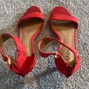 Red open toe sandals 1 3/4 inch heel